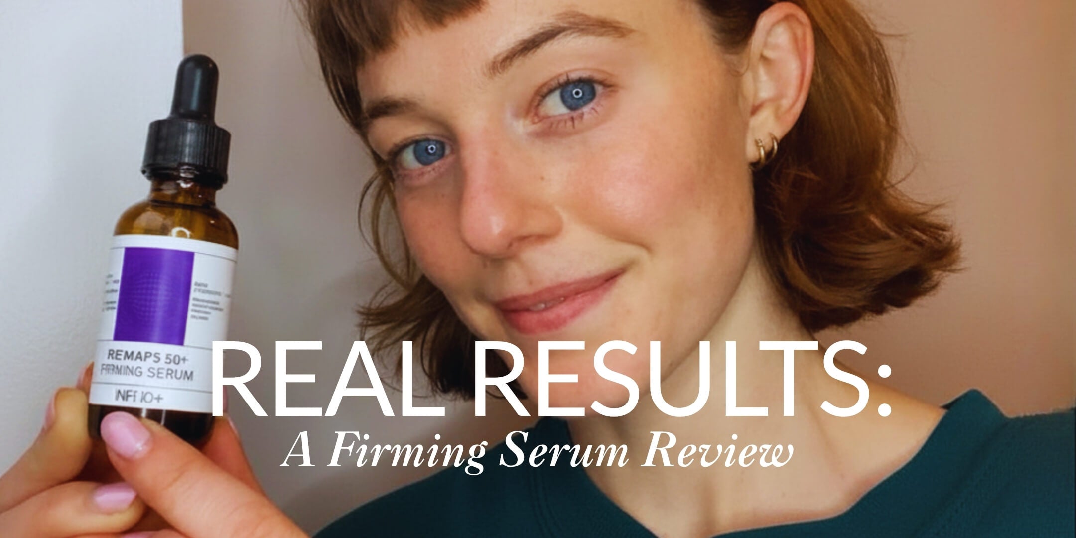 Woman holding Remaps 50+ Firming Serum for a skincare product review.
