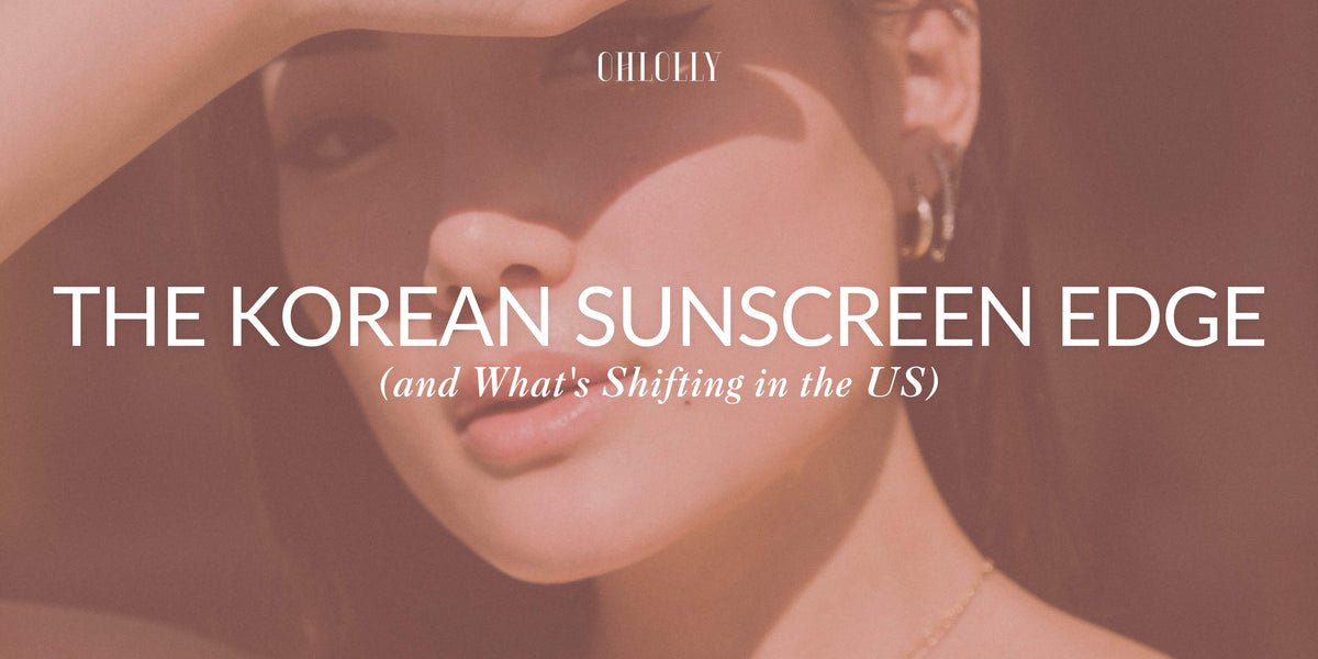 A sunlit portrait of a woman overlaid with text reading "The Korean Sunscreen Edge (and What's Shifting in the US)".
