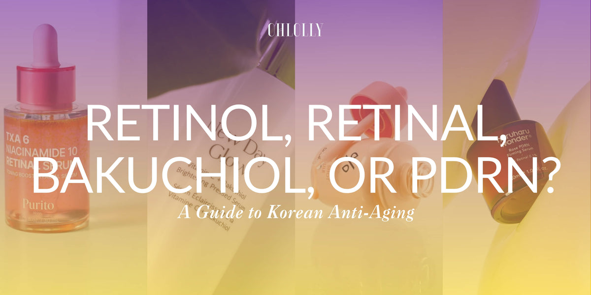 A four-panel grid featuring Korean skincare products overlaid with text "Retinol, Retinal, Bakuchiol, or PDRN? A Guide to Korean Anti-Aging".