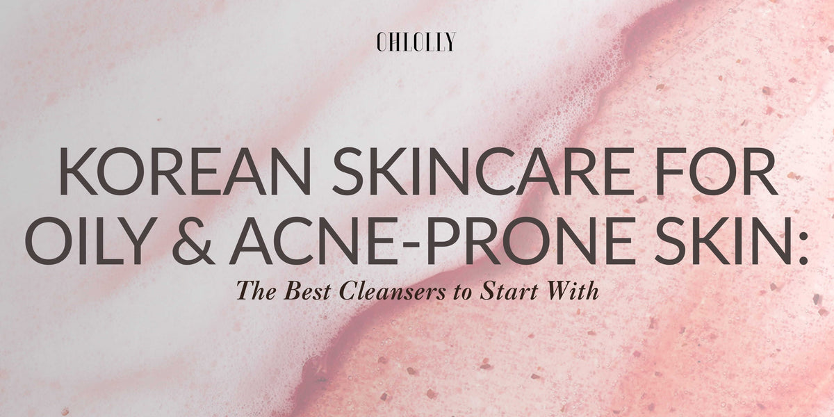 A textured pink background overlaid with text reading "Korean Skincare for Oily & Acne-Prone Skin: The Best Cleansers to Start With".