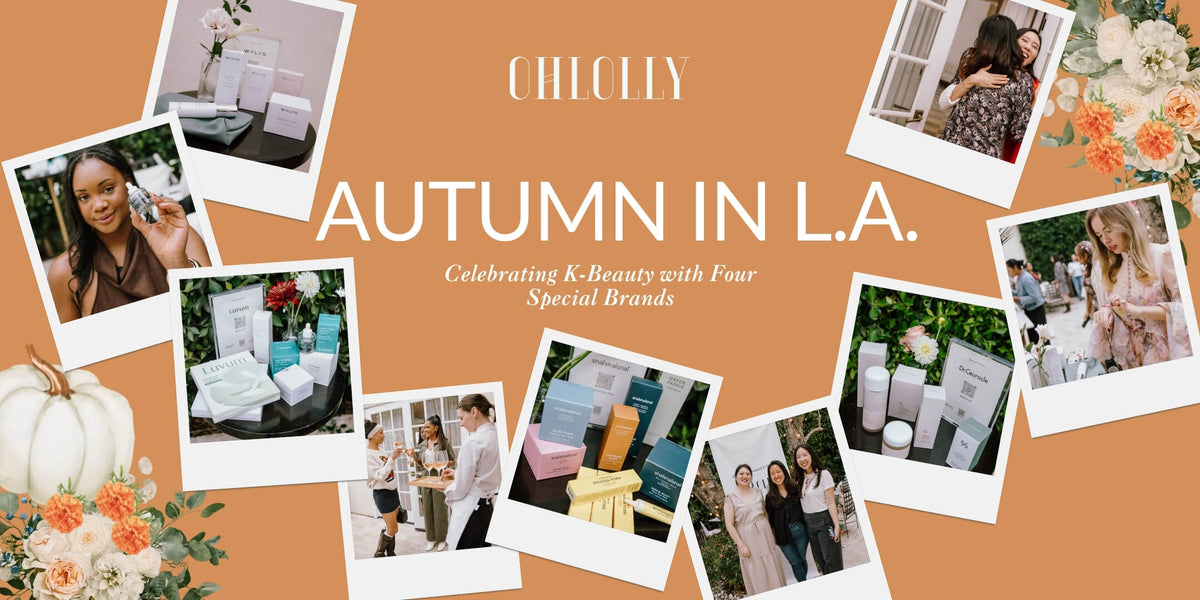 Ohlolly Autumn in L.A. banner featuring photo collage of a cozy garden gathering with K-beauty skincare products.