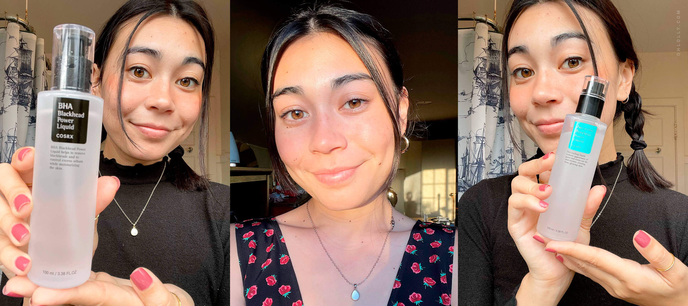 A collage of three photos of the same woman: on the left, she holds a bottle of COSRX BHA Blackhead Power Liquid; in the center, she smiles directly at the camera; and on the right, she holds a bottle of COSRX Two in One Poreless Power Liquid.