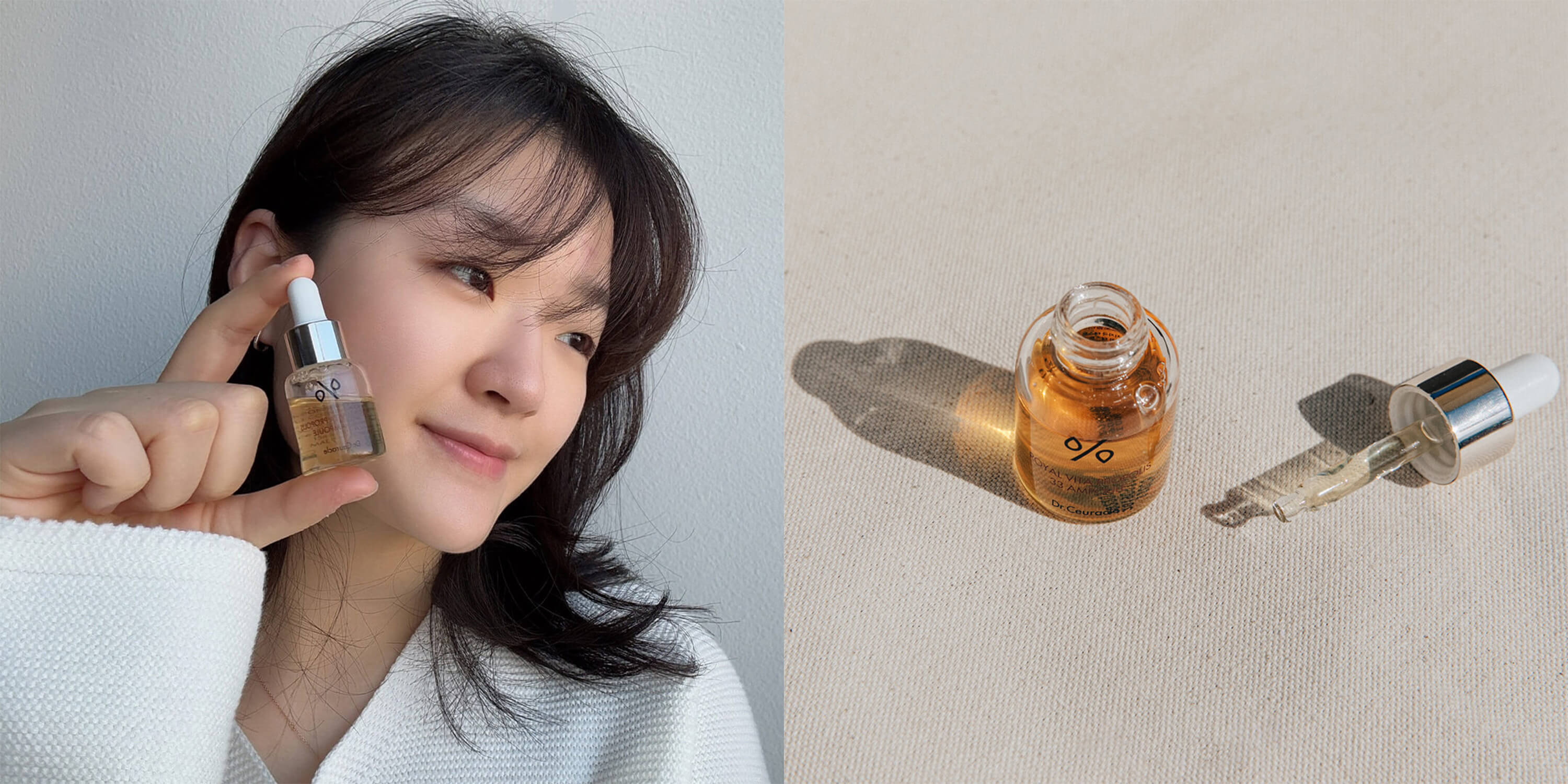 Split-view of woman holding and applying Dr. Ceuracle Royal Vita Propolis 33 Ampoule for a K-beauty product review.