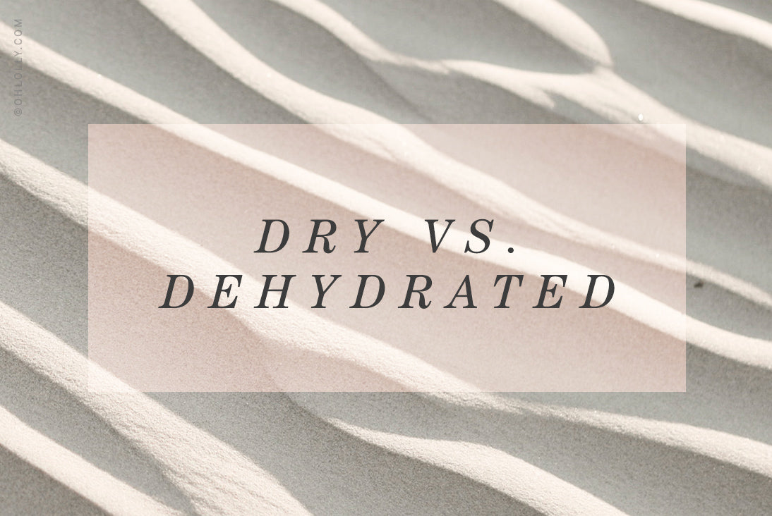 Abstract image of sandy waves or dunes with the text overlay: DRY VS. DEHYDRATED. Skincare education blog.