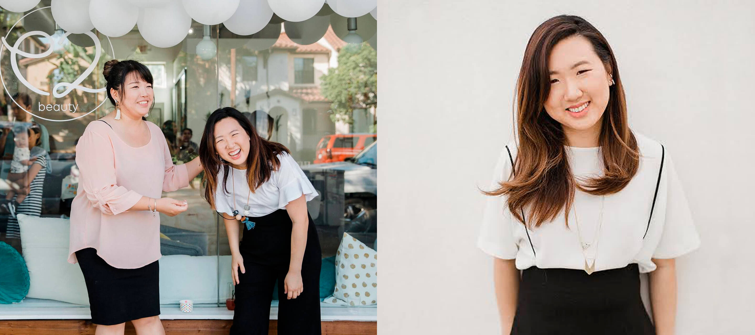 A horizontal collage of two photos: on the left, two women are laughing together in front of a window decorated with white balloons; on the right, a professional portrait of a woman in a white and black top smiling directly at the camera.