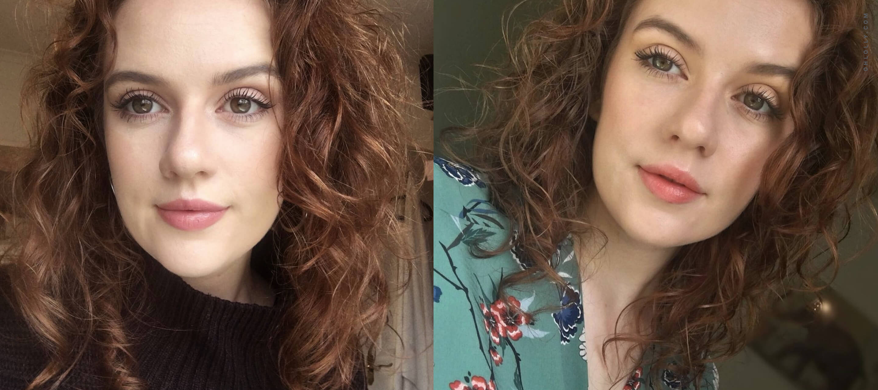 A horizontal collage of two close-up portraits of the same woman with curly, reddish-brown hair, smiling at the camera and wearing natural-looking makeup.