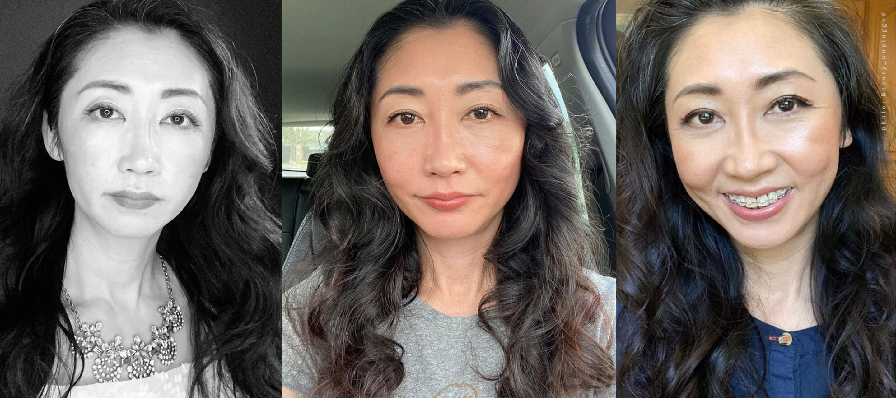 A horizontal triptych showing three headshots of the same woman. The first photo on the left is in black and white, while the middle and right photos are in color, showing her with long, wavy dark hair and a smiling expression in the final frame.