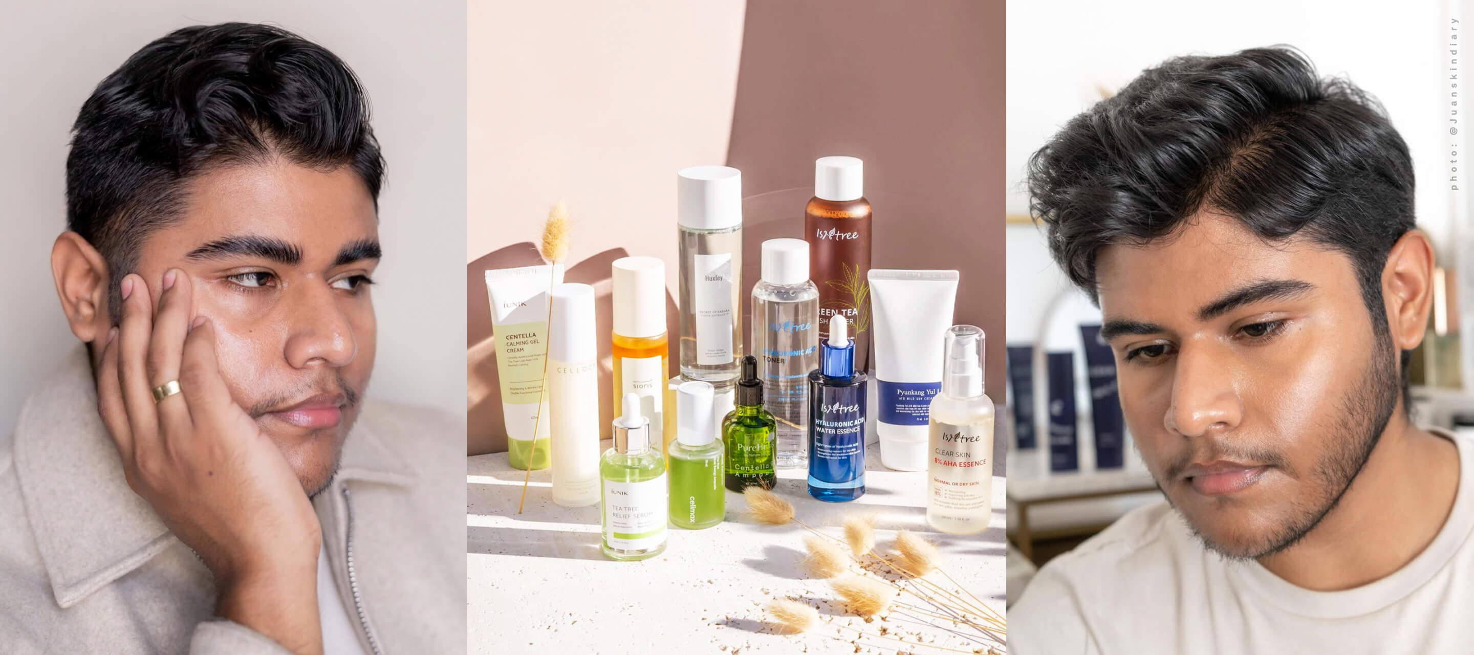 A triptych of three portraits showing a man named Juan with short dark hair, featuring two headshots and a center image of various bottled skincare products.