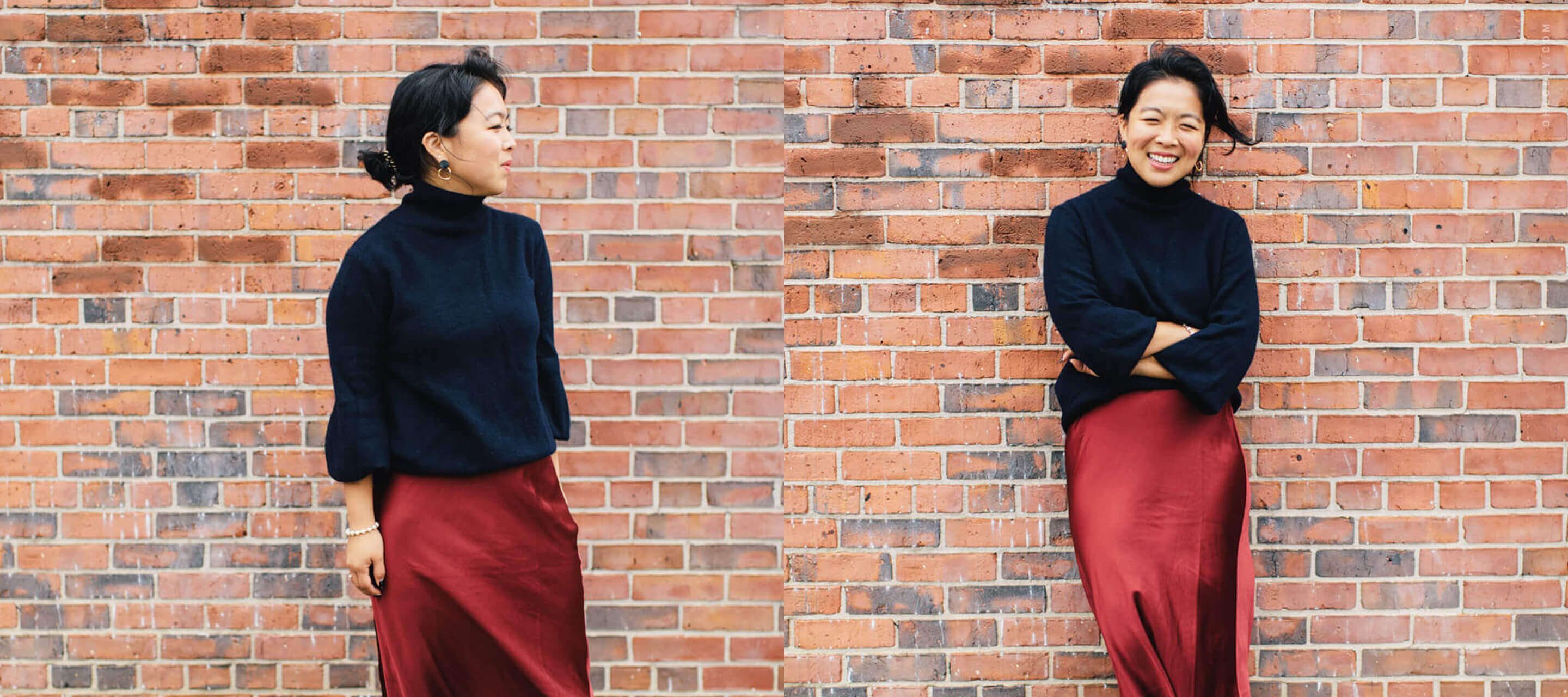 Two side-by-side photos of Jenny Jin wearing a black turtleneck and red skirt, posing in front of a brick wall.