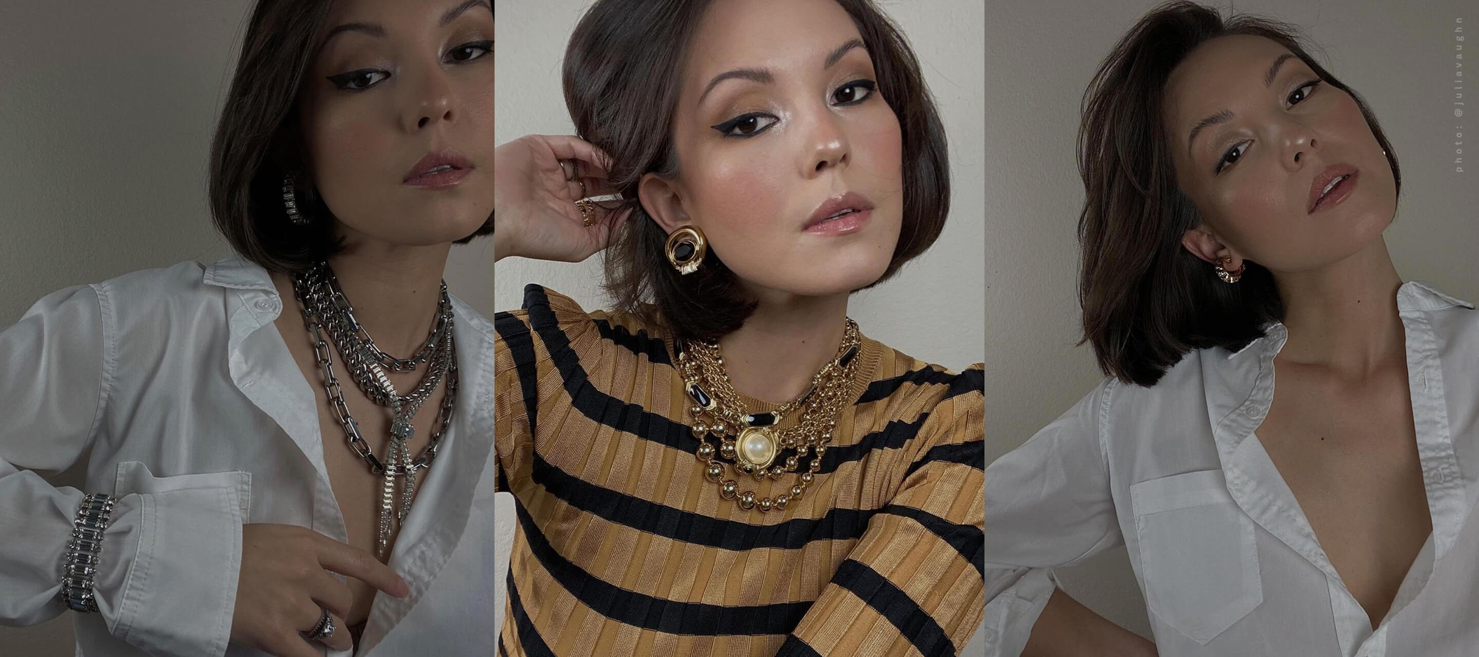 A triptych of three portraits showing a woman with short dark hair wearing various layered silver and gold necklaces and earrings against a neutral background.