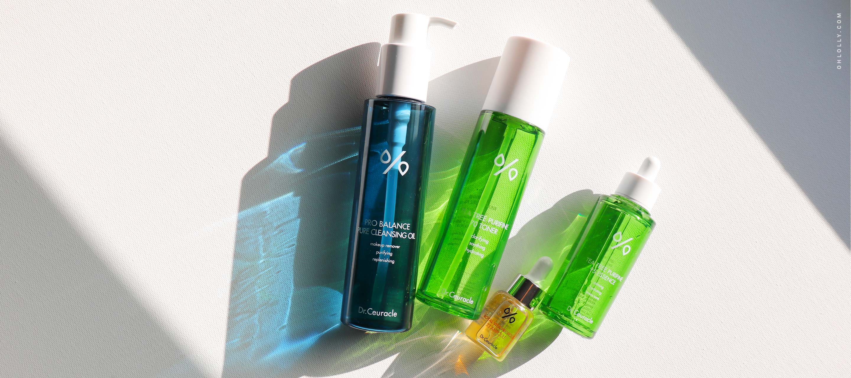 Dr. Ceuracle Tea Tree Purifine and Royal Vita Propolis 33 skincare set, including toner, essence, and ampoule, in bright sunlit product shot.