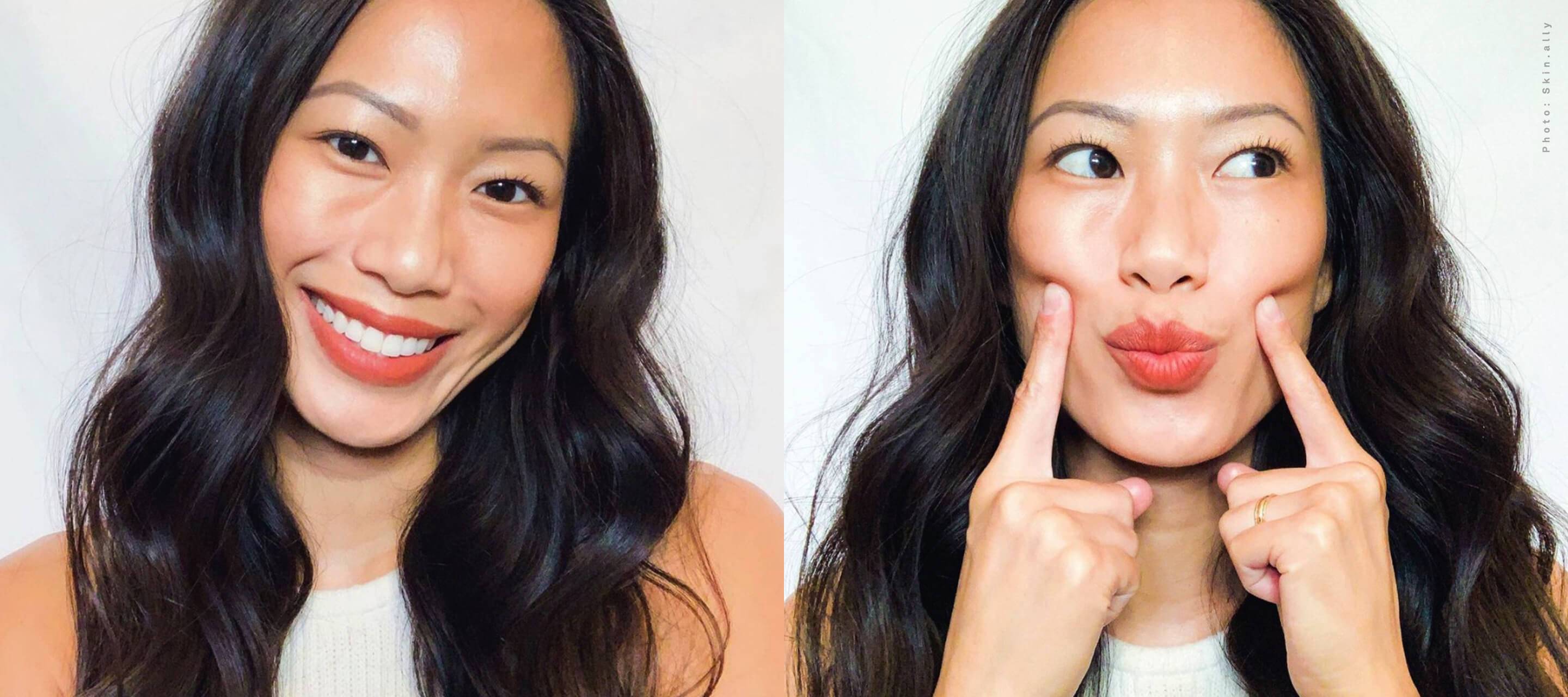 Two side-by-side portraits of Felicia: on the left, she is smiling brightly; on the right, she is making a playful face by pressing her fingers to her cheeks.