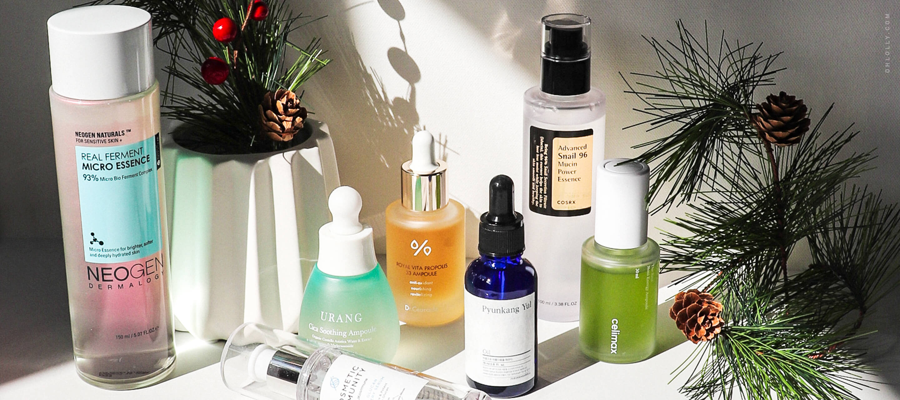 A festive assortment of K-beauty serums and toners from brands like Neogen and Urang, displayed with pine branches for a 2020 holiday gifting guide.