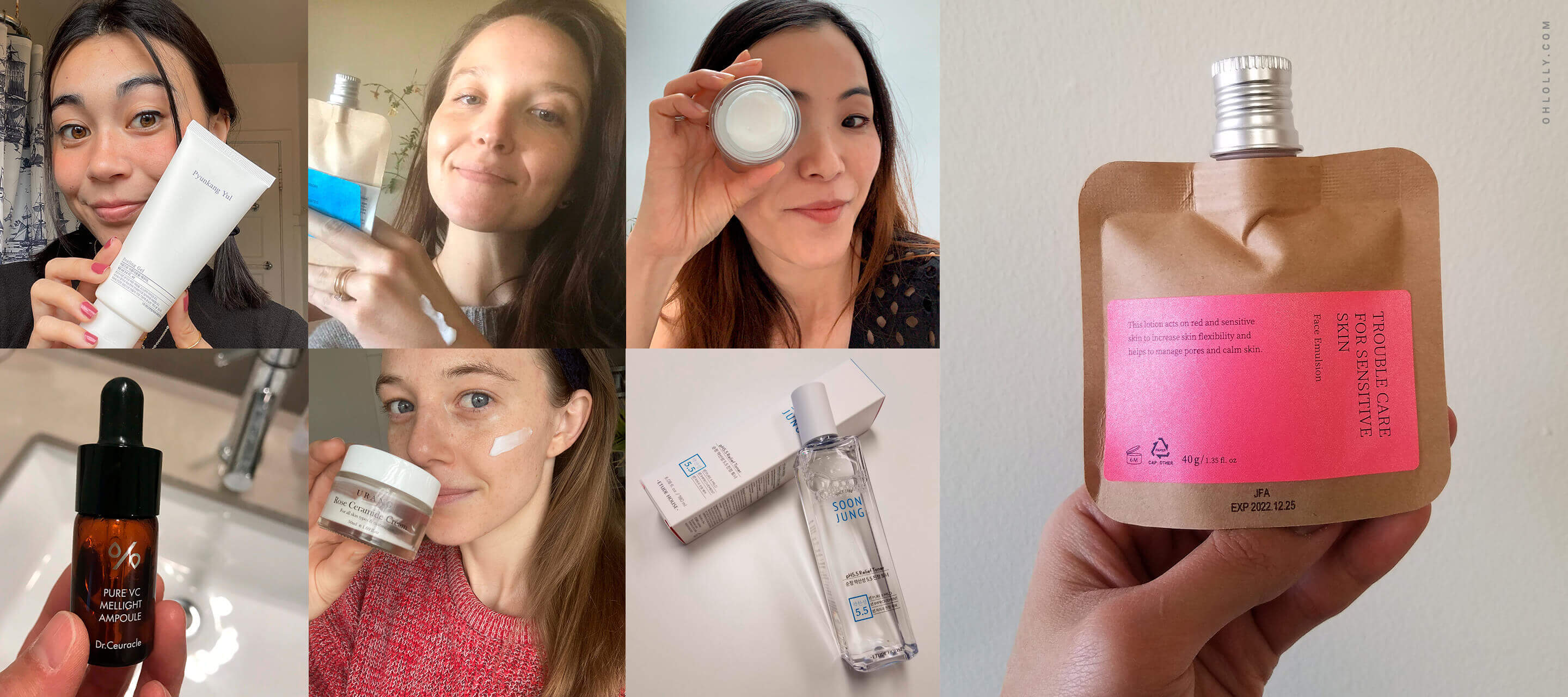 A collage of seven photos showing different people holding various skincare products, including serums, creams, and a tan-colored pouch.
