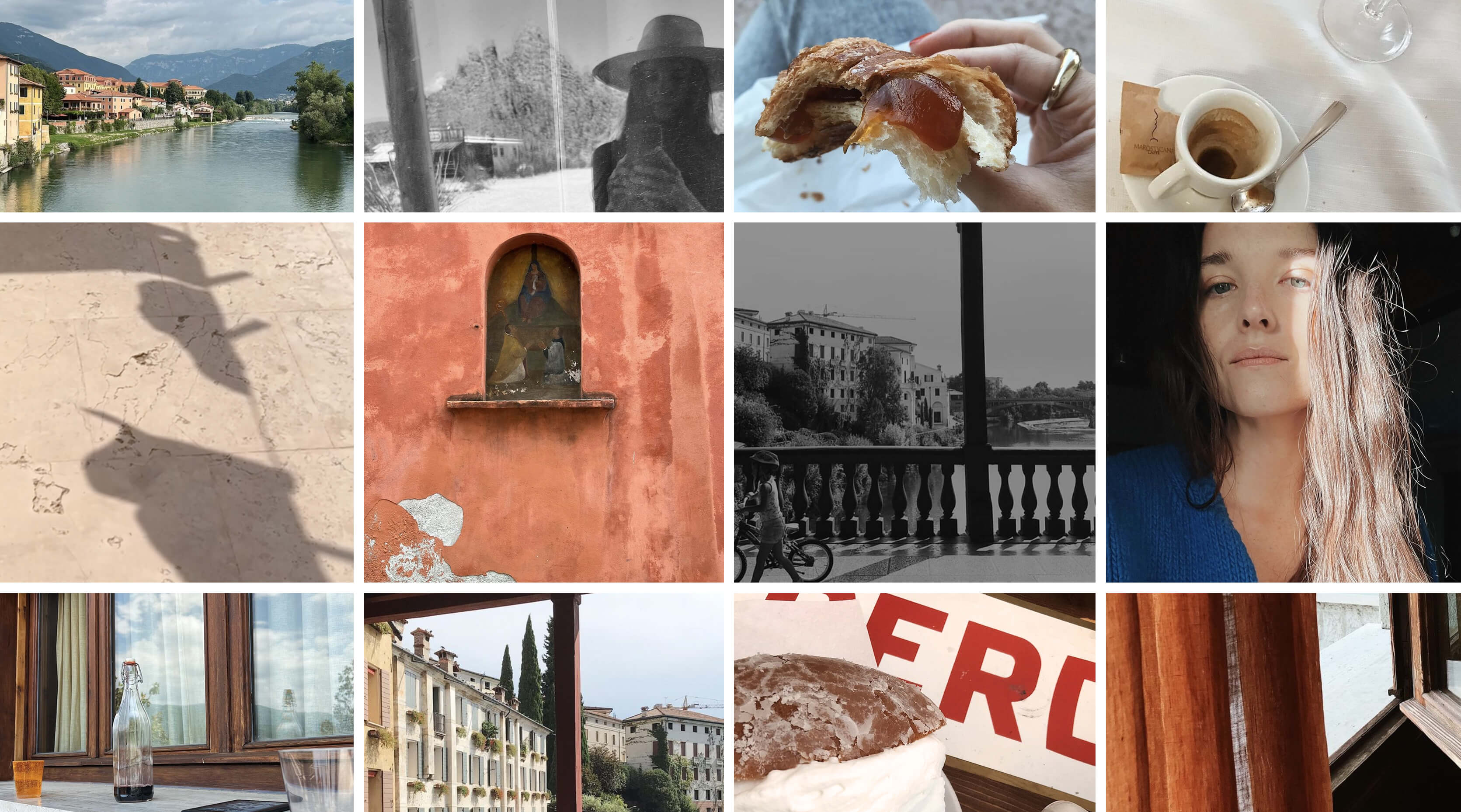 A grid of twelve small travel and lifestyle photos, including various Italian landscapes, architecture, food, and a portrait of a woman.