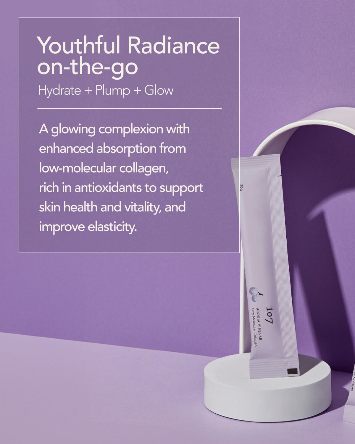 107 Aronia Vinegar collagen stick on a display stand with text highlighting youthful radiance and skin elasticity.