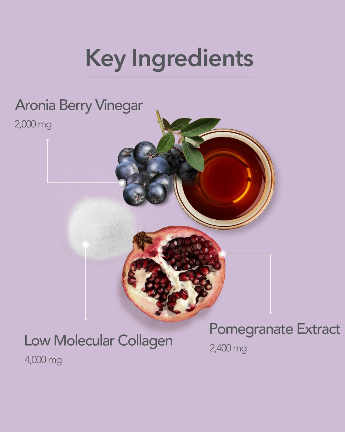 Key ingredients of 107 Collagen Jelly: 2,000mg Aronia Berry Vinegar, 4,000mg Low Molecular Collagen, and 2,400mg Pomegranate Extract.