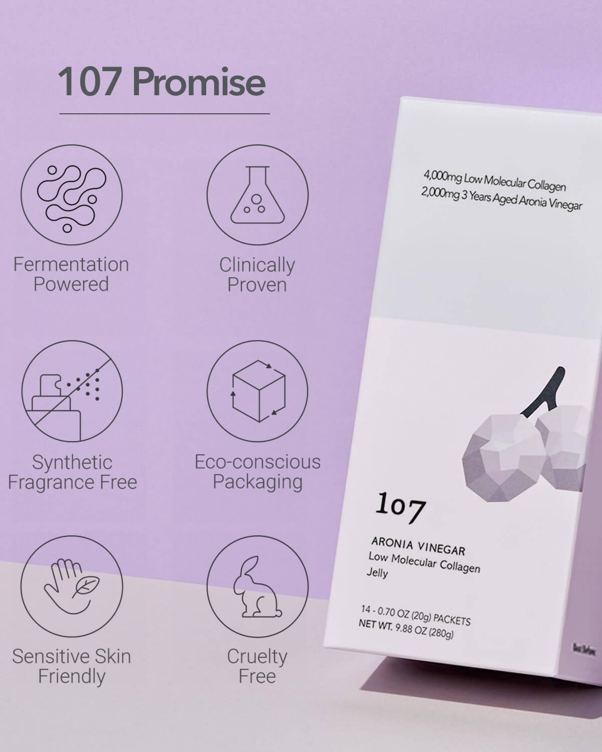107 Brand Promise icons: Fermentation powered, clinically proven, fragrance free, eco-conscious, sensitive skin friendly, and cruelty free.