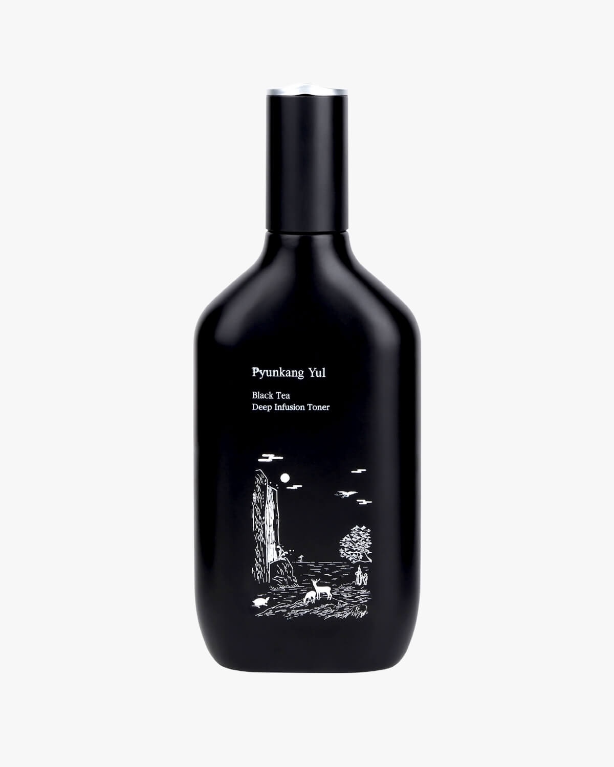 A tall, sleek black bottle with white nature illustrations and a silver-rimmed cap.