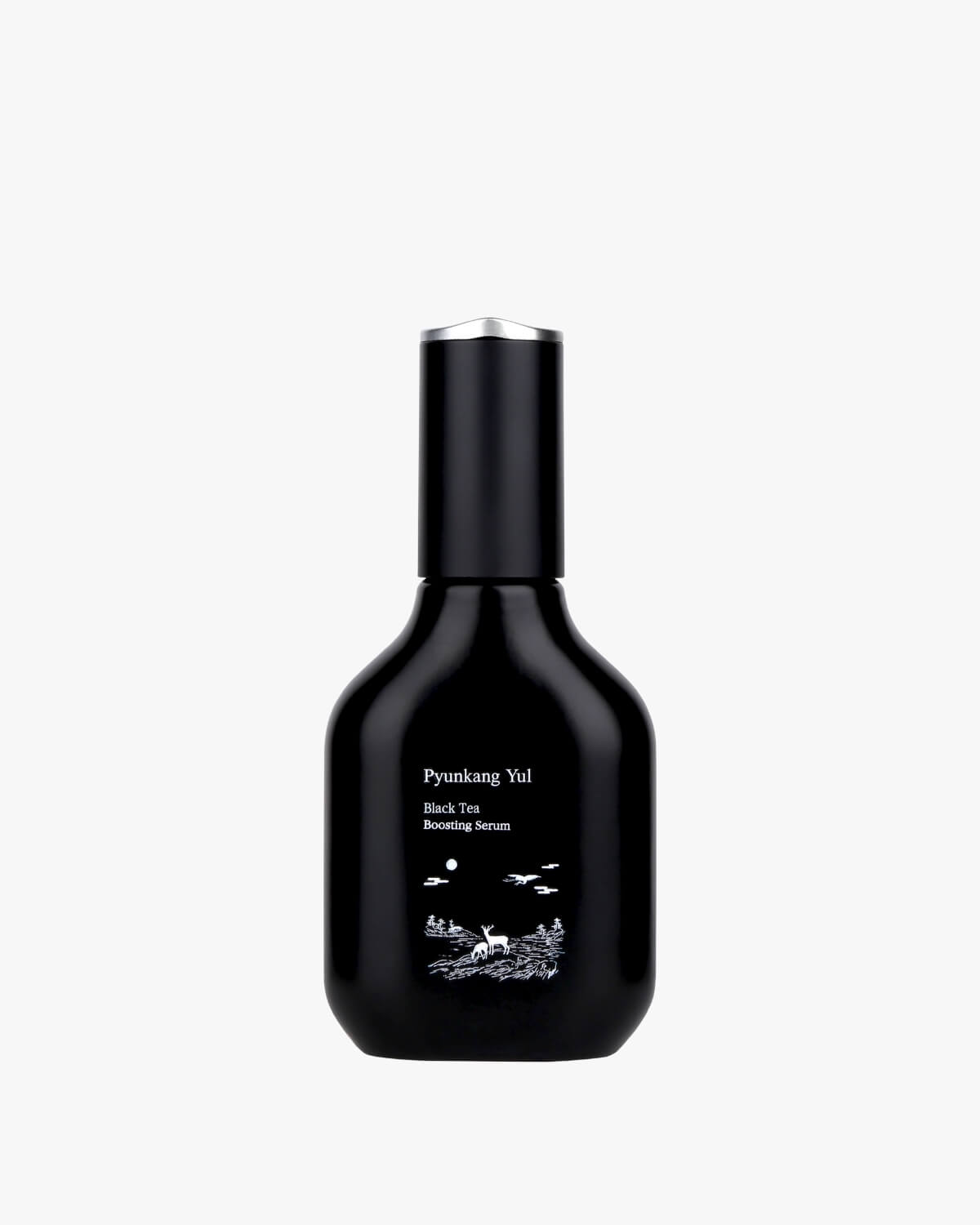 A bulbous black serum bottle with white nature illustrations and a tall black cap.