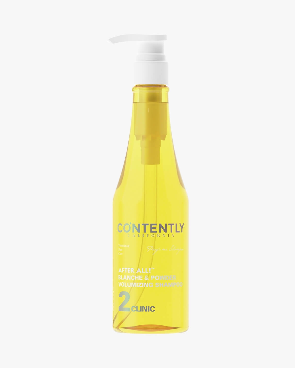 A simple studio shot of a transparent yellow bottle of CONTENTLY CALIFORNIA "After All! Blanche & Powder Volumizing Shampoo" with a white pump dispenser, centered against a plain white background.