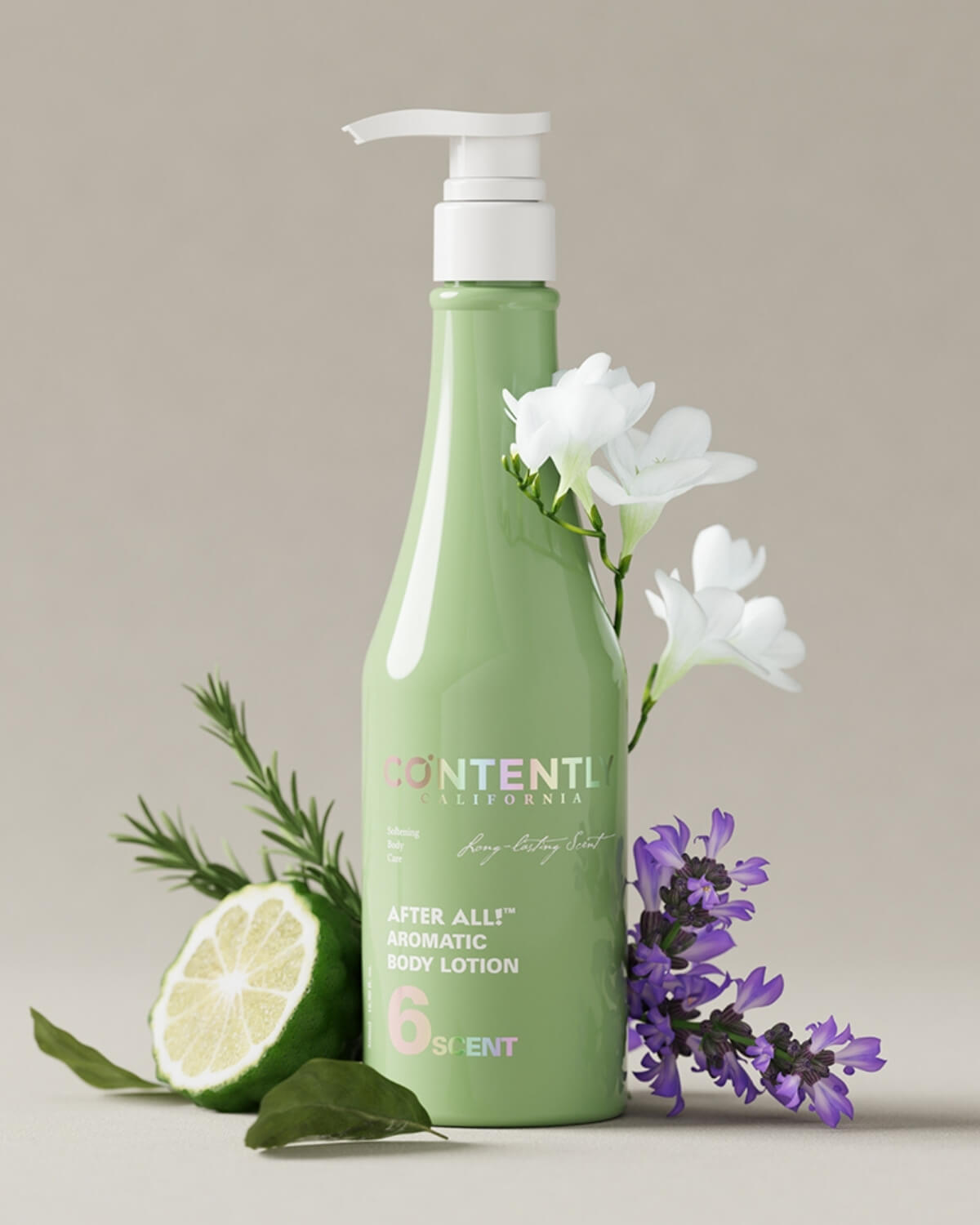 The light green body lotion bottle is featured in a still life with botanical elements. A halved bergamot fruit and rosemary sprigs are to the left, and purple lavender and white flowers are to the right, all on a light beige background.