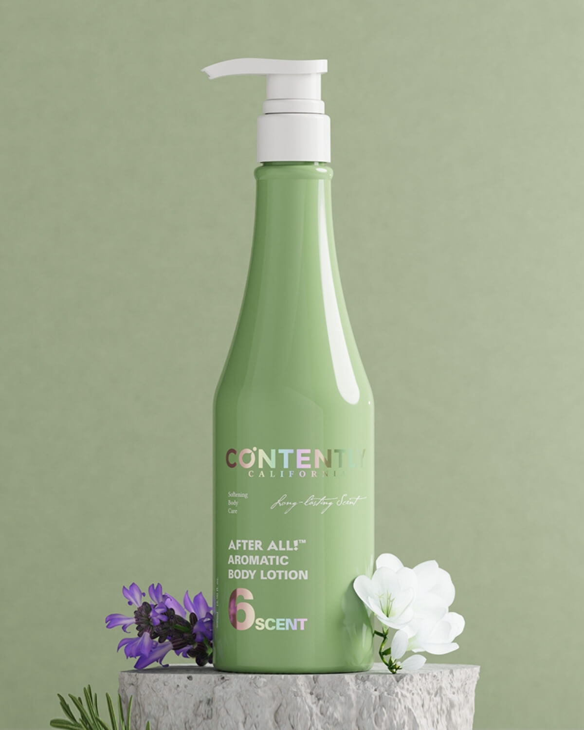 A light green bottle of the body lotion, accented with a purple lavender sprig and a white flower, stands on a rough, gray textured stone block against a pale sage-green background.