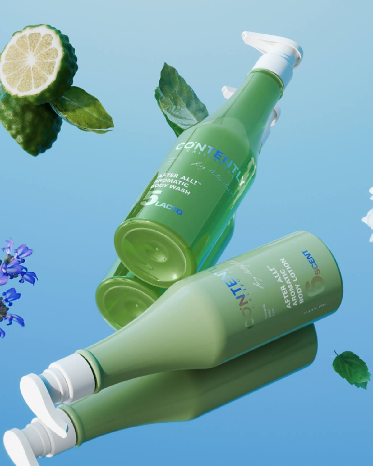 Two bottles are reflected on a bright blue surface, creating a floating effect: a dark green "Body Wash" bottle and a light green "Body Lotion" bottle (bottom right). A halved bergamot fruit and purple flowers are scattered around.