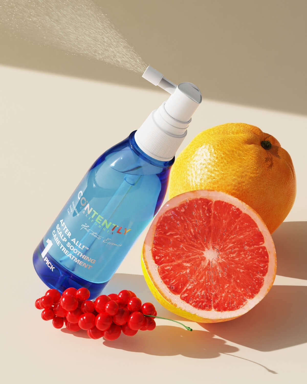 The Scalp Soothing Care Treatment bottle is displayed next to its retail box on a cracked white rock, surrounded by green leaves and white mist.