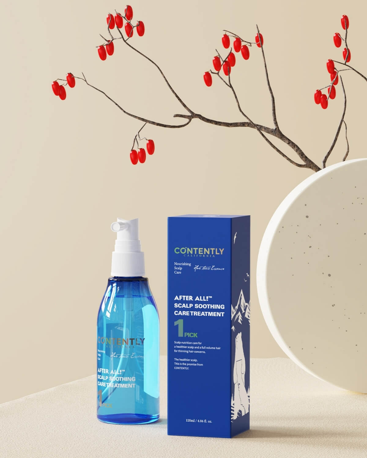 The treatment bottle and its white retail box are set against a modern, light-blue tiled background, with green foliage accenting the shot.