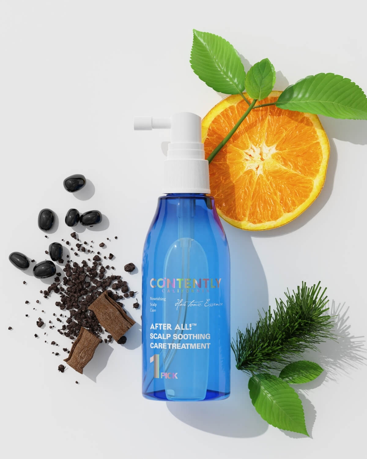 A tropical-themed product display with three clear treatment bottles arranged on white steps, featuring a green curtain and the shadow of a palm leaf.