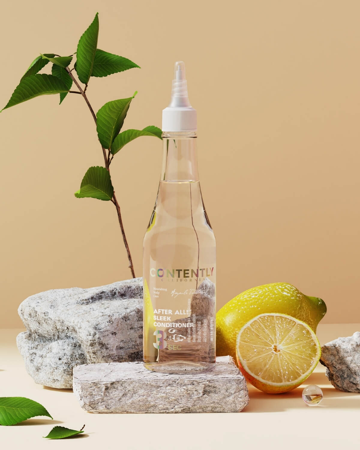 The conditioner bottle is displayed on a small white rock pedestal, surrounded by natural elements like lemons and green foliage, highlighting its natural ingredients.