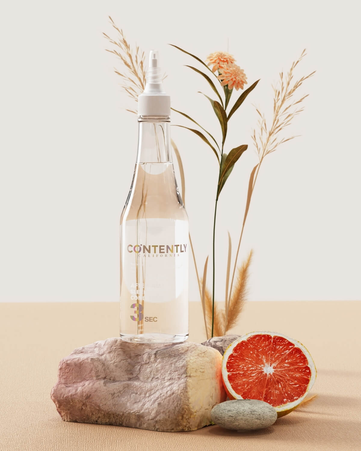 The clear conditioner bottle is placed on a rock next to a sliced grapefruit and surrounded by dried grasses, suggesting fresh, natural ingredients.