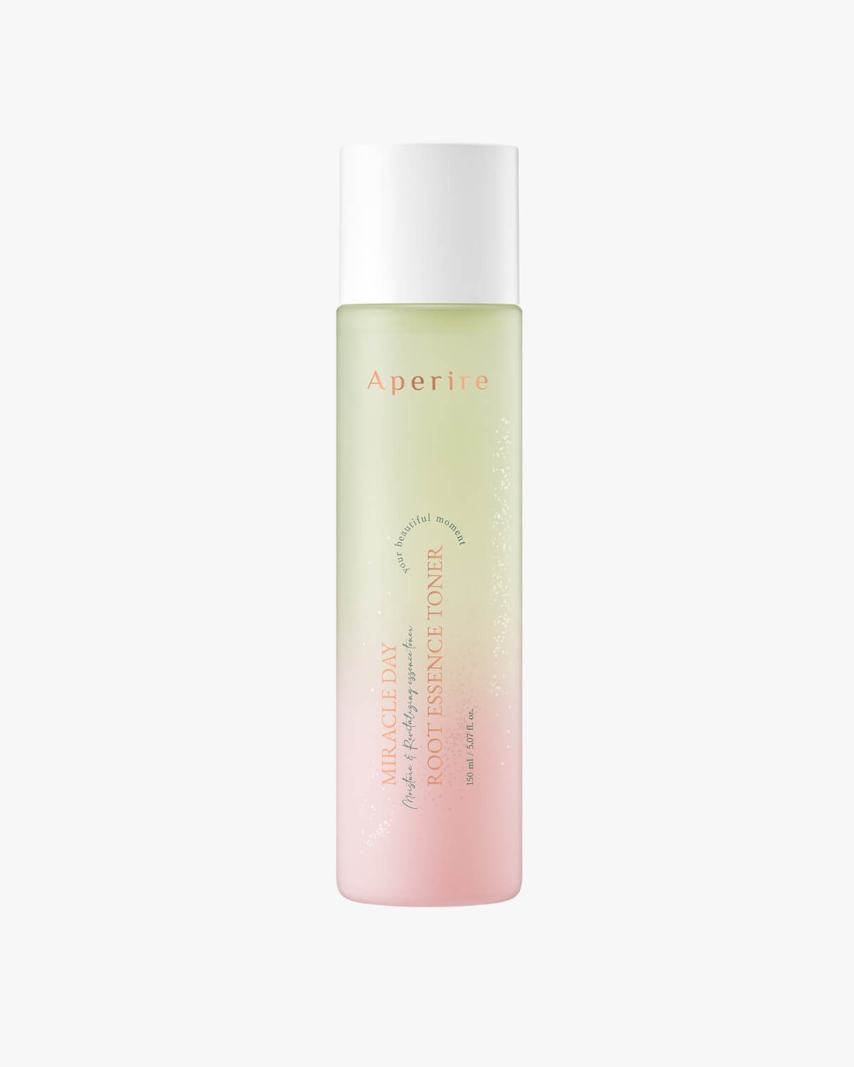 A centered product shot of the tall, clear glass bottle of Aperire Miracle Day Root Essence Toner with a white dropper cap, set against a white background.
