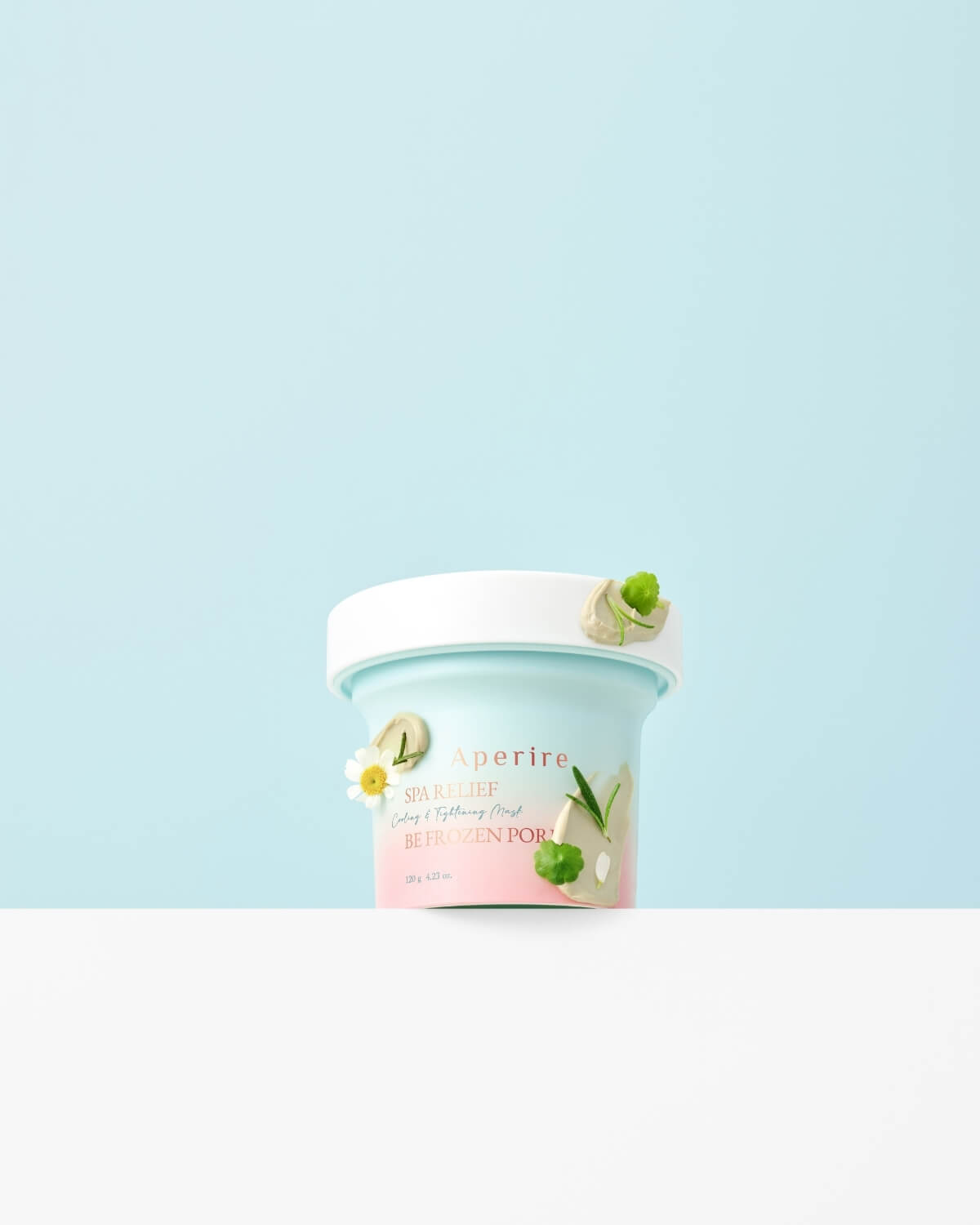 Aperire Be Frozen Pore Mask jar with illustrations of soothing ingredients like chamomile and centella asiatica.