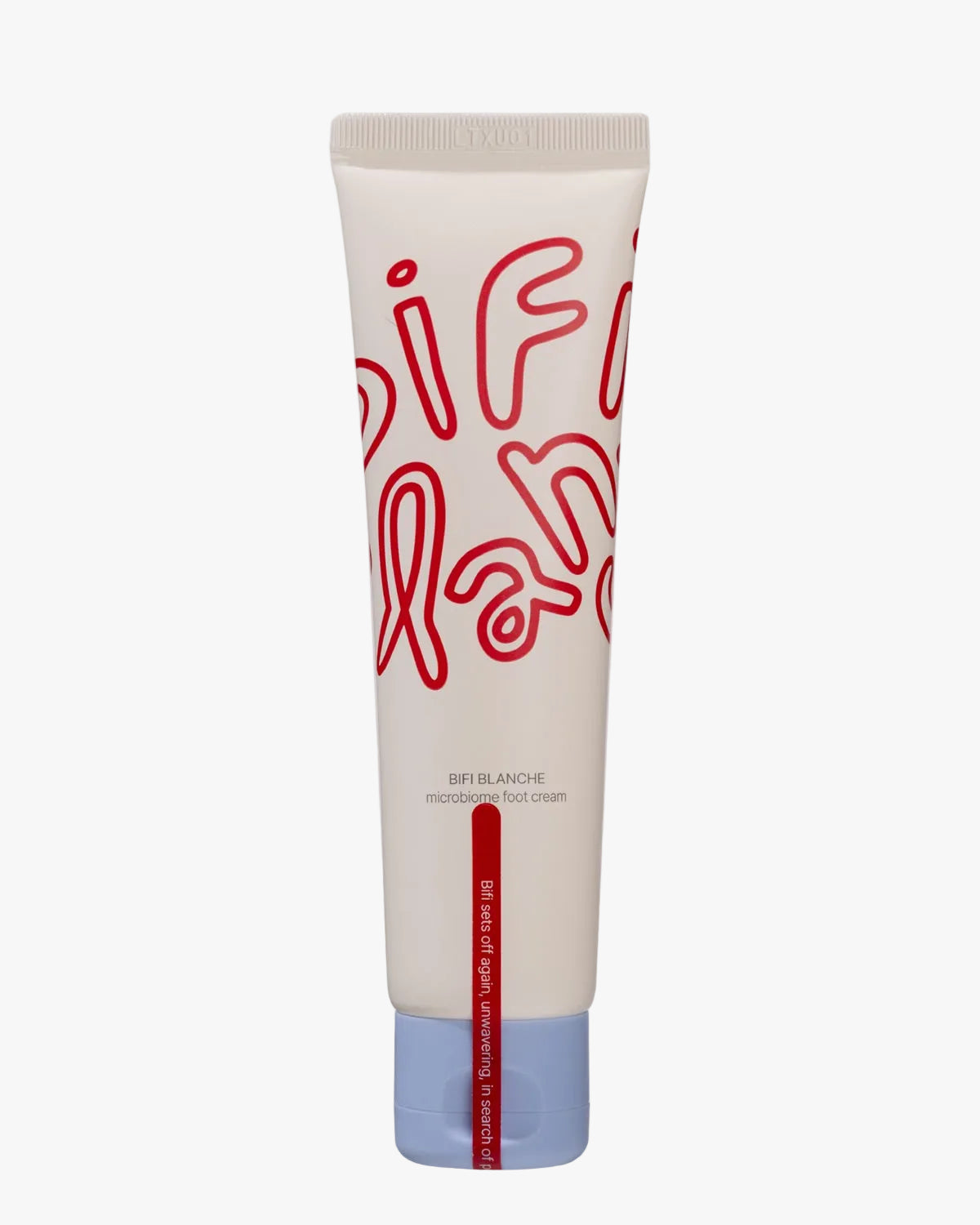 Tube of Bifi Blanche Microbiome Foot Cream with a light blue cap and red text on a white background.