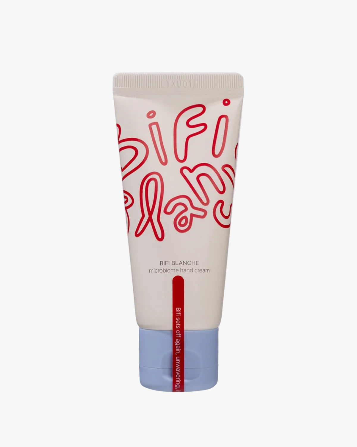 A tube of Bifi Blanche Microbiome Hand Cream with red lettering and a light blue cap on a white background.