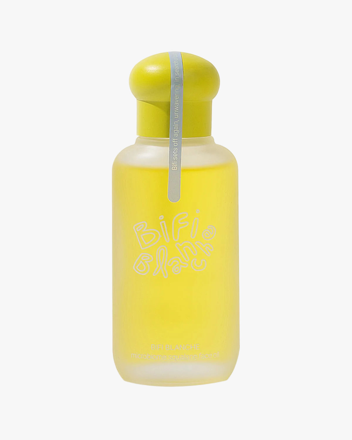 Frosted glass bottle of yellow Bifi Blanche Microbiome Squalane Face Oil on a clean white backdrop.