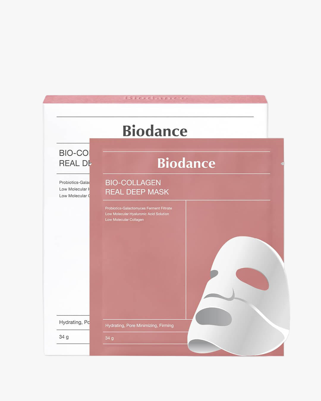 Packaging of Biodance Bio-Collagen Real Deep Mask, featuring Low Molecular Collagen and Hyaluronic Acid.