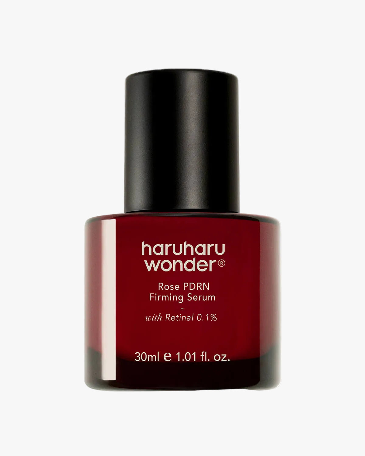 Haruharu Wonder Rose PDRN Firming Serum with Retinal 0.1% in a 30ml dark red glass bottle.