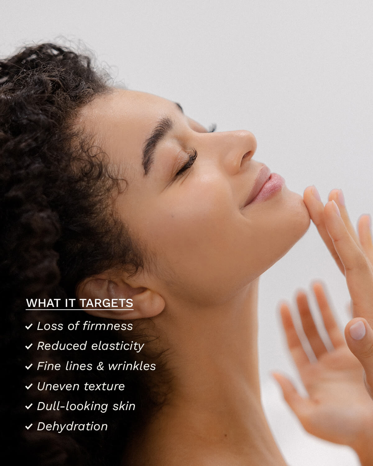 Profile of a woman with glowing skin listing serum benefits like reduced fine lines and wrinkles.