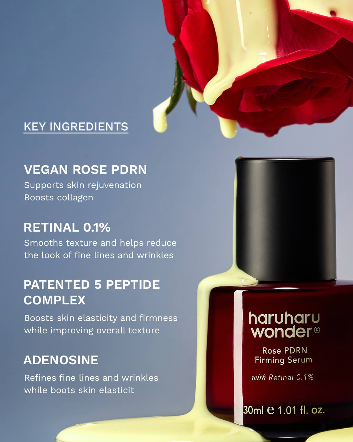 Key ingredients of Haruharu Wonder Firming Serum featuring Vegan Rose PDRN and 0.1% Retinal.