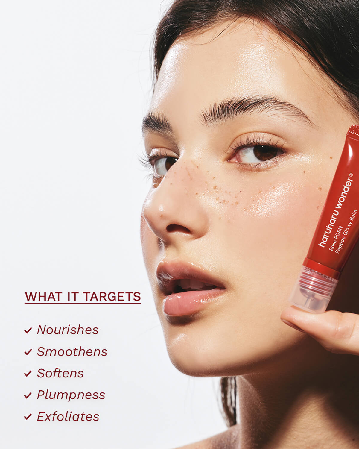 Model holding Haruharu Wonder Rose Peptide Glowy Balm highlighting benefits like nourishing and plumping.