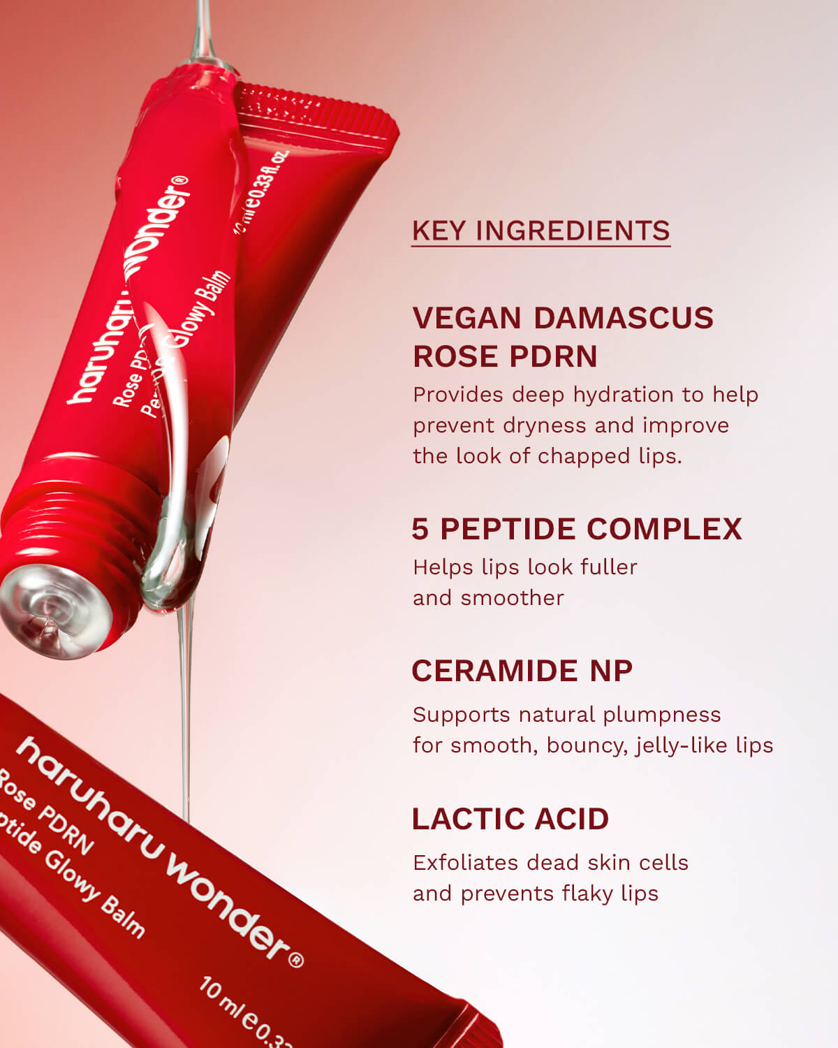 Haruharu Wonder lip balm key ingredients list including Damascus Rose PDRN and Peptide Complex.