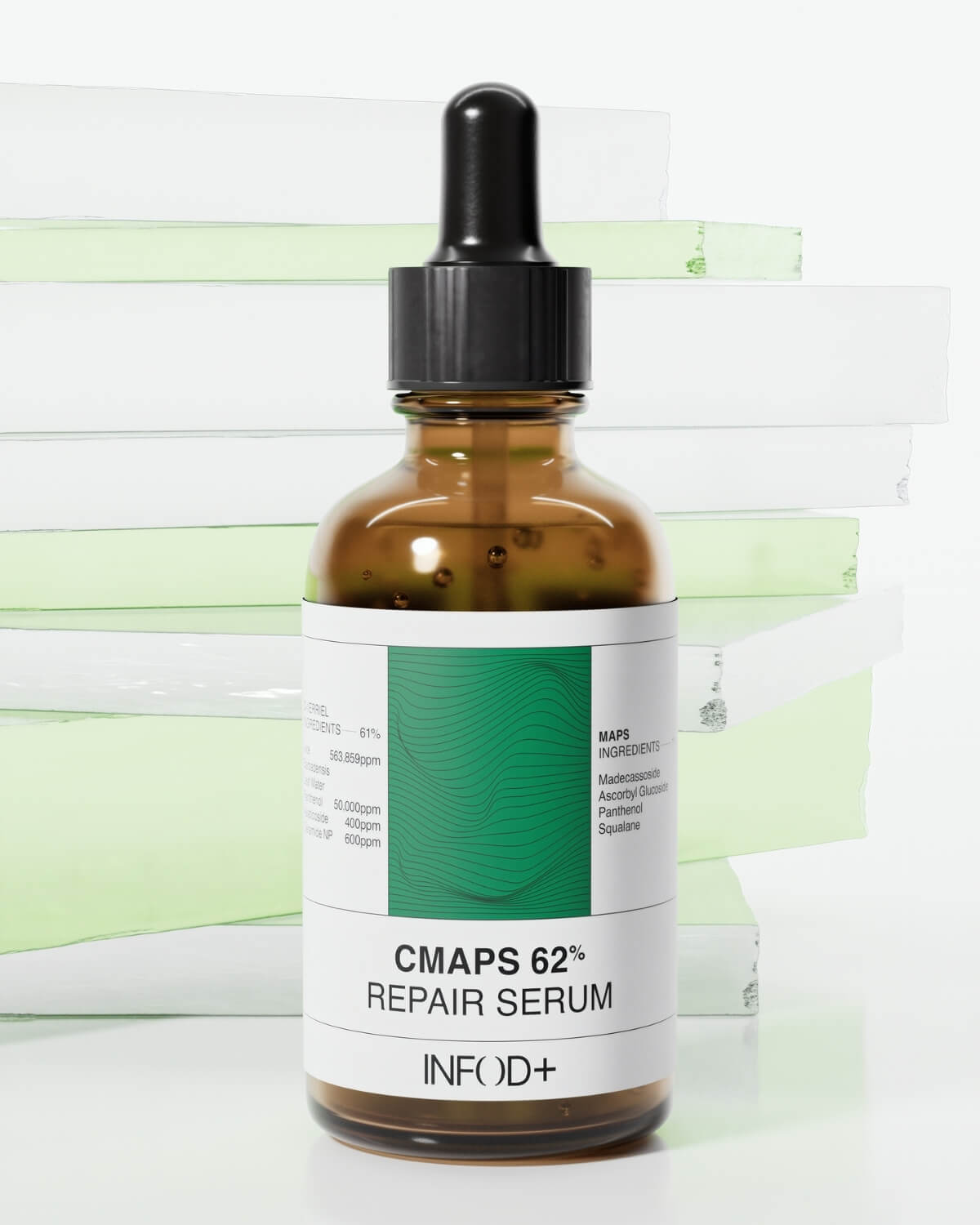 A dynamic close-up shot of an amber dropper bottle with liquid splashing from a dropper above it. Drops of liquid are visible mid-air, and the bottle's label, reading "CMAPS 62% REPAIR SERUM INFOD+", is prominently featured.