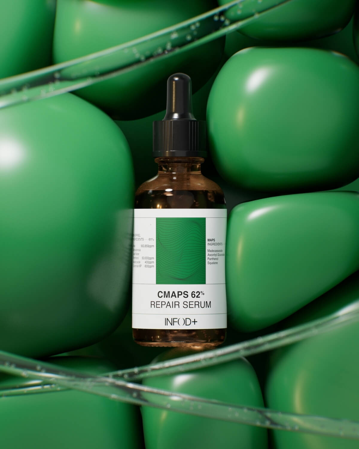 An amber glass dropper bottle of "CMAPS 62% REPAIR SERUM INFOD+" stands upright, surrounded by an abstract background of glossy, rounded green shapes and translucent green tubes.