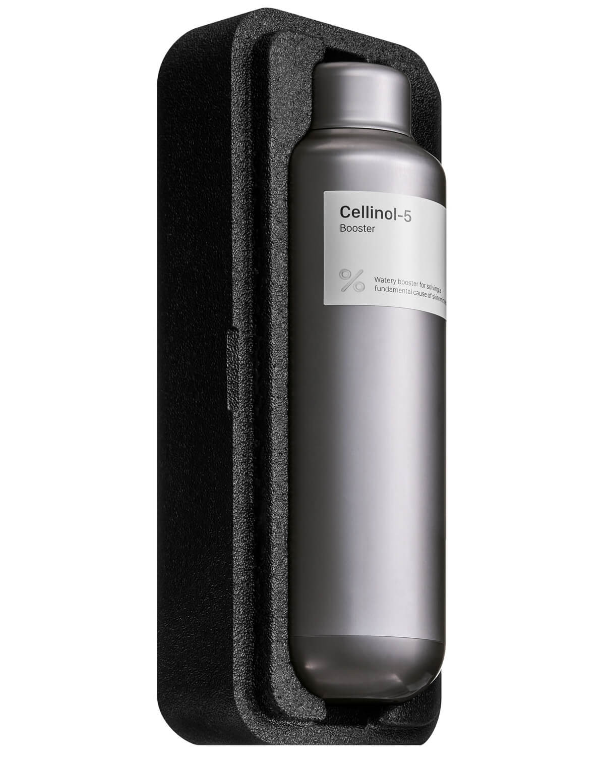 The Cellinol-5 Booster Essence silver bottle is shown securely nestled within its custom-cut black foam packaging insert, ready for shipment.