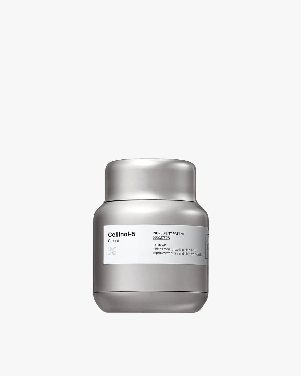 Studio shot of the Percent Science Cellinol-5 Cream in its short, rounded, silver metallic jar. The label notes its patent ingredient for moisturizing and improving wrinkles.