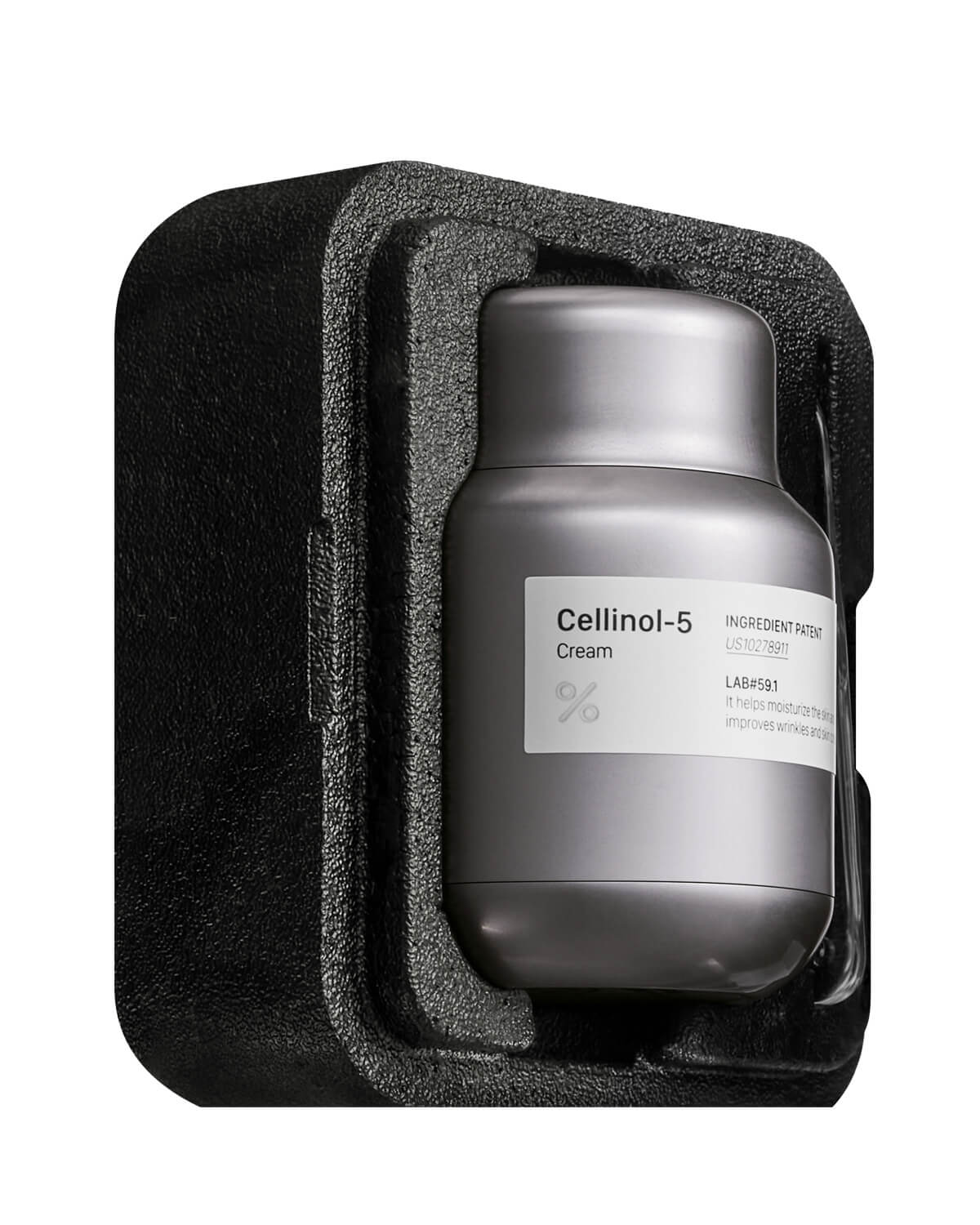 The Cellinol-5 Cream jar is shown secured inside its rectangular black, custom-cut foam packaging insert.