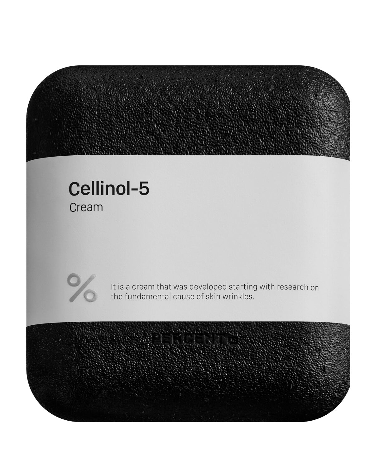 The front of the square black, textured outer packaging for the Cellinol-5 Cream, with a white label describing it as a cream developed starting with research on the fundamental cause of skin wrinkles.